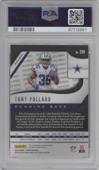 Tony Pollard from the 2019 Panini Prizm set featuring a Neon Green Pulsar parallel graded by PSA and given an overall grade of 10.