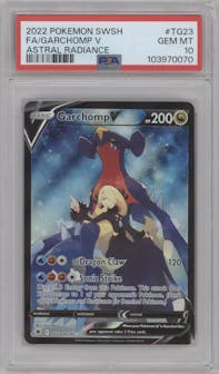 Garchomp V from the 2022 Pokemon SWSH set graded by PSA and given an overall grade of 10.