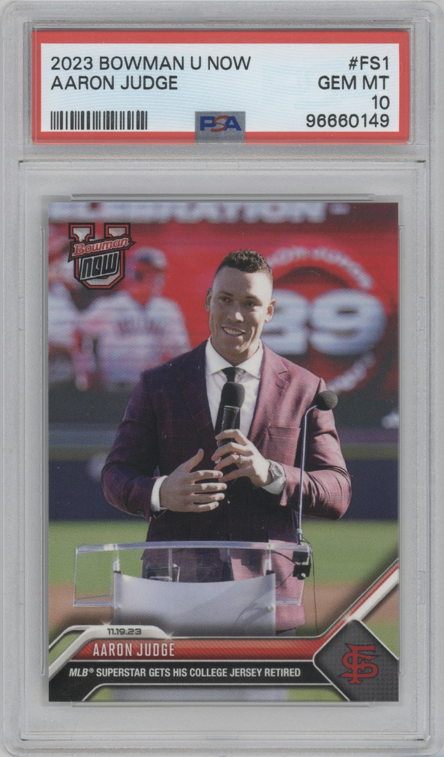 Aaron Judge from the 2023-24 Bowman U Now set graded by PSA and given an overall grade of 10.