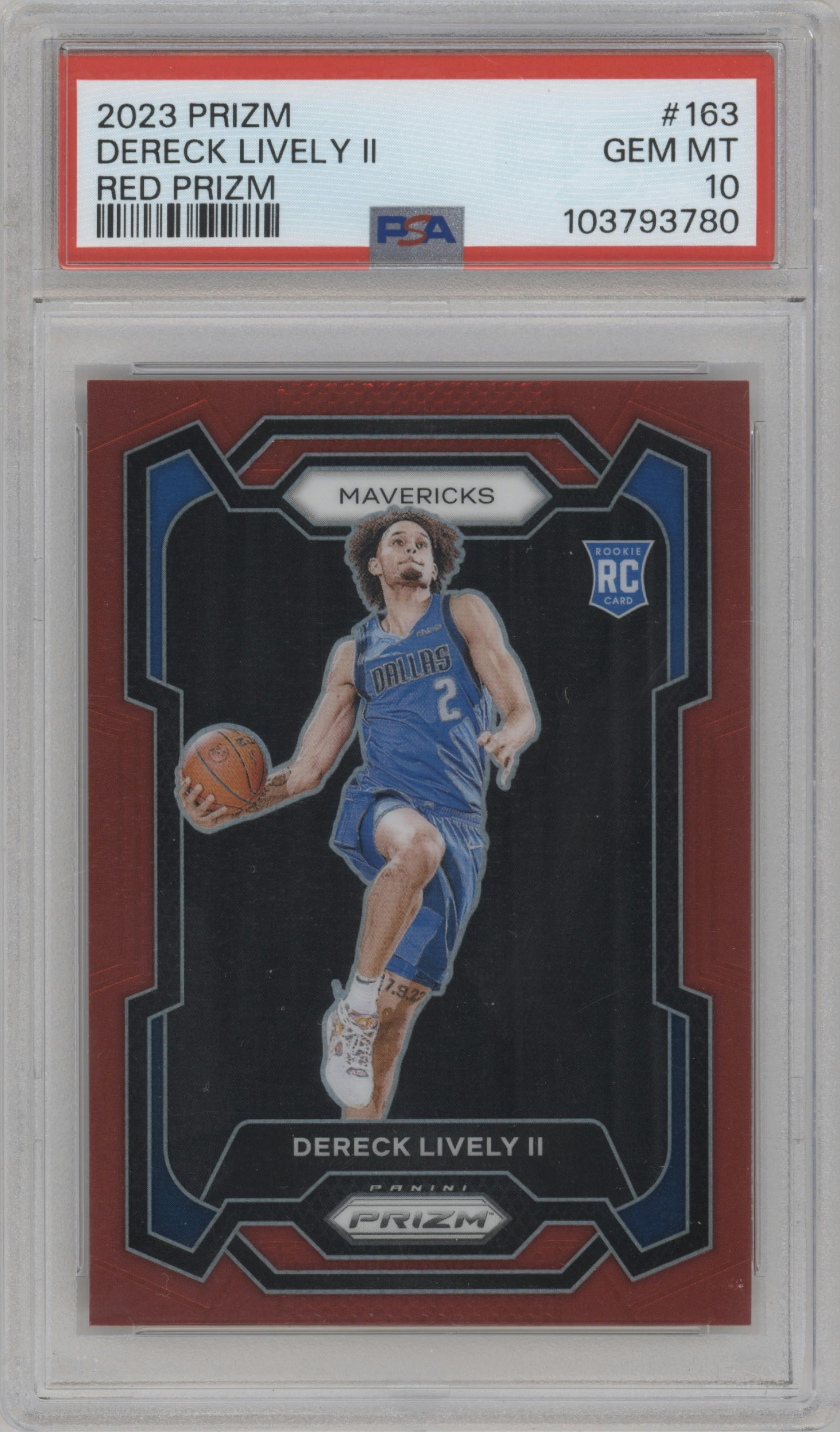 Dereck Lively II from the 2023-24 Panini Prizm set featuring a Red Prizm parallel graded by PSA and given an overall grade of 10.