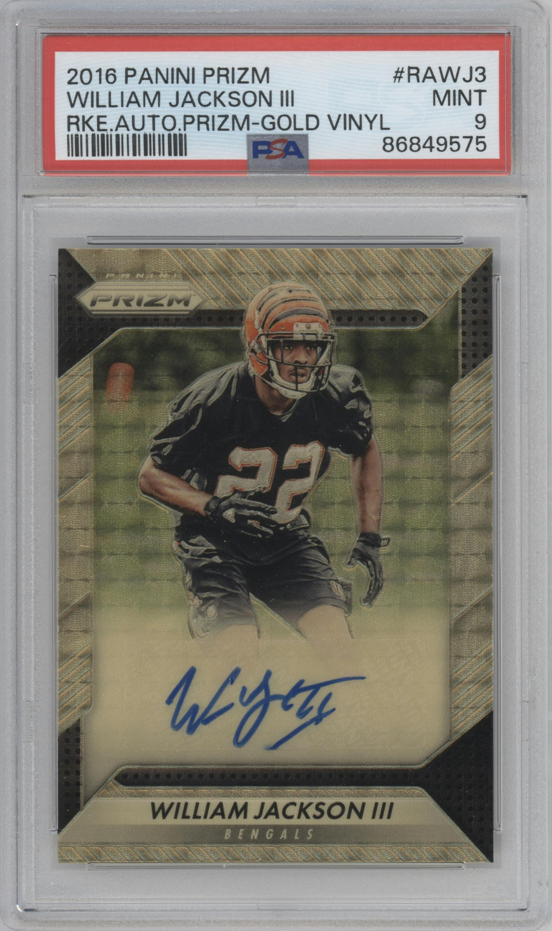 William Jackson III  from the 2016 Panini Prizm set featuring a Gold Vinyl parallel graded by PSA and given an overall grade of 9.