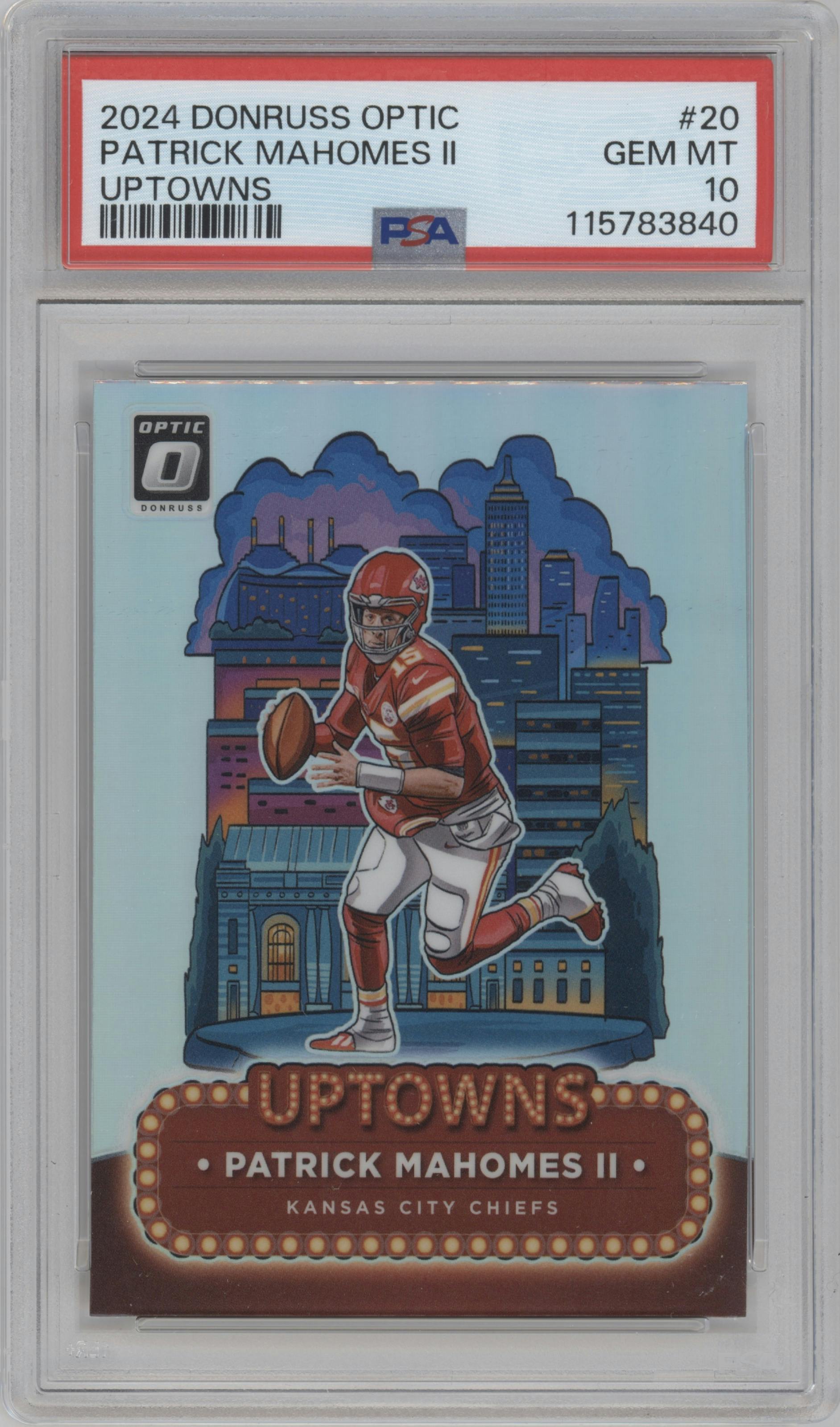 Patrick Mahomes II from the 2024 Donruss Optic set graded by PSA and given an overall grade of 10.