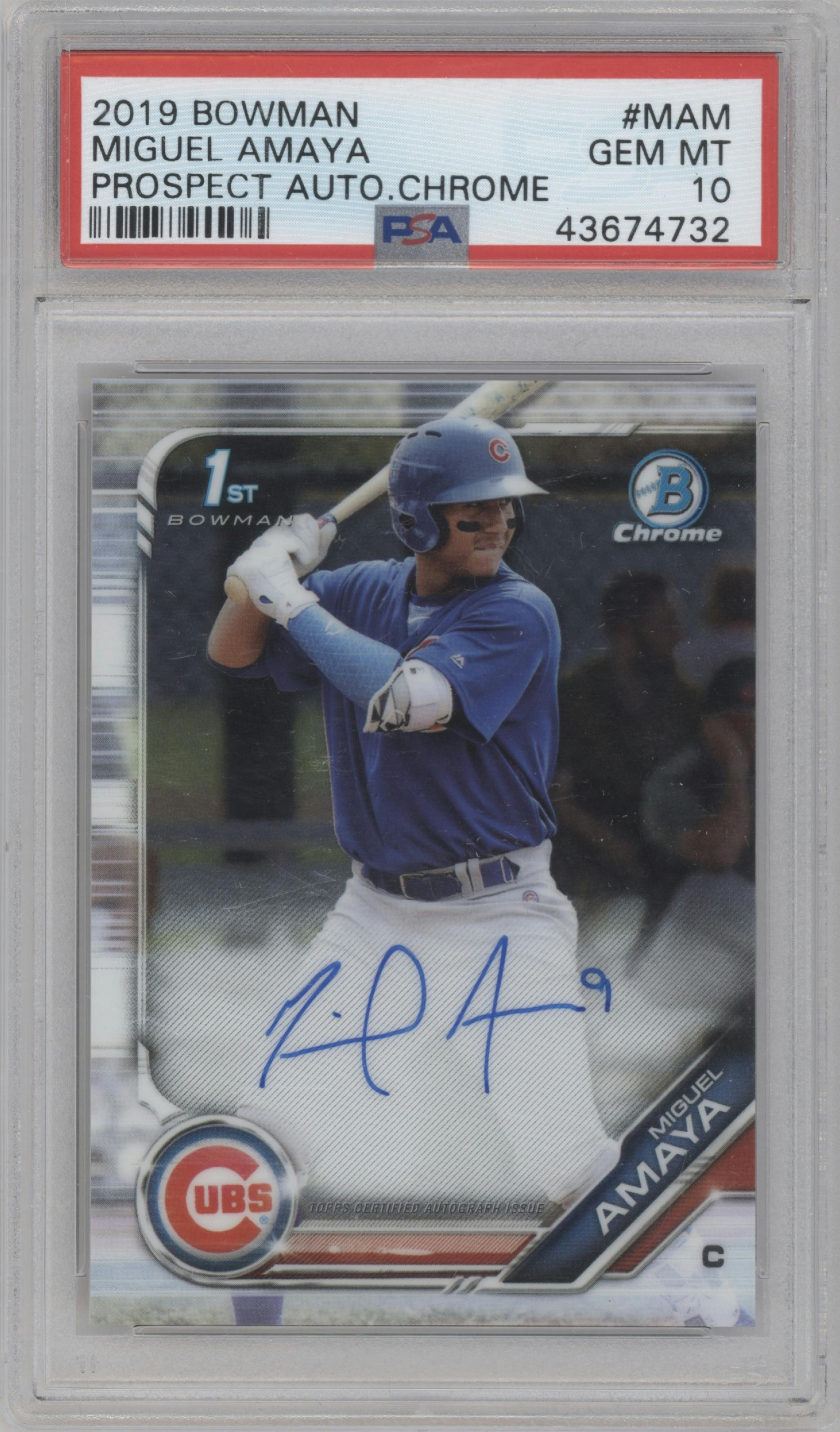 Miguel Amaya from the 2019 Bowman  set graded by PSA and given an overall grade of 10.