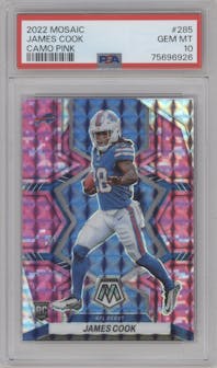 James Cook from the 2022 Panini Mosaic set featuring a Pink Camo parallel graded by PSA and given an overall grade of 10.