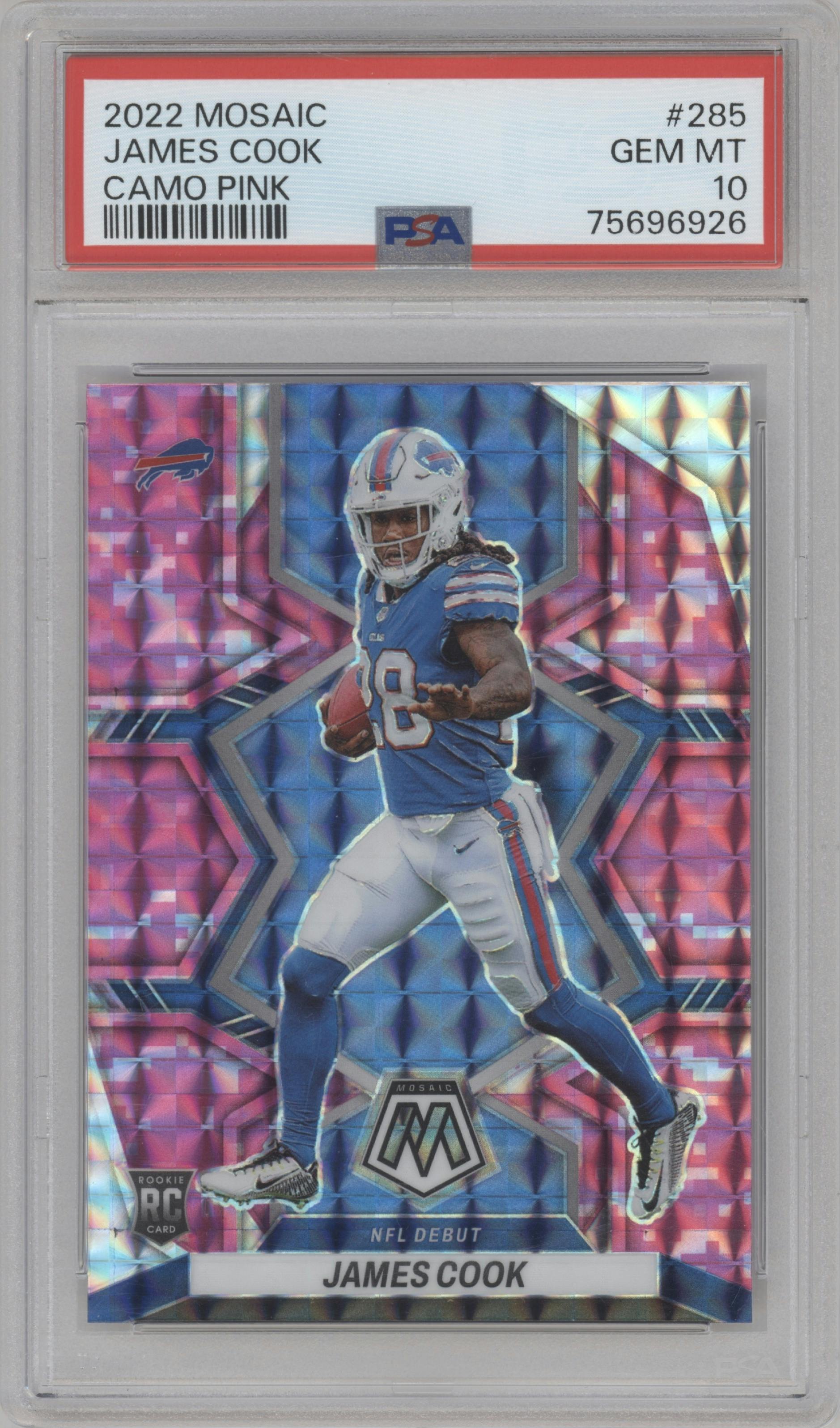 James Cook from the 2022 Panini Mosaic set featuring a Pink Camo parallel graded by PSA and given an overall grade of 10.
