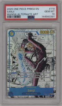 Sanji from the 2025 One Piece set featuring a Manga Alt Art parallel graded by PSA and given an overall grade of 10.