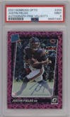 Justin Fields from the 2021 Panini Donruss Optic set featuring a Pink Velocity parallel graded by PSA and given an overall grade of 9.