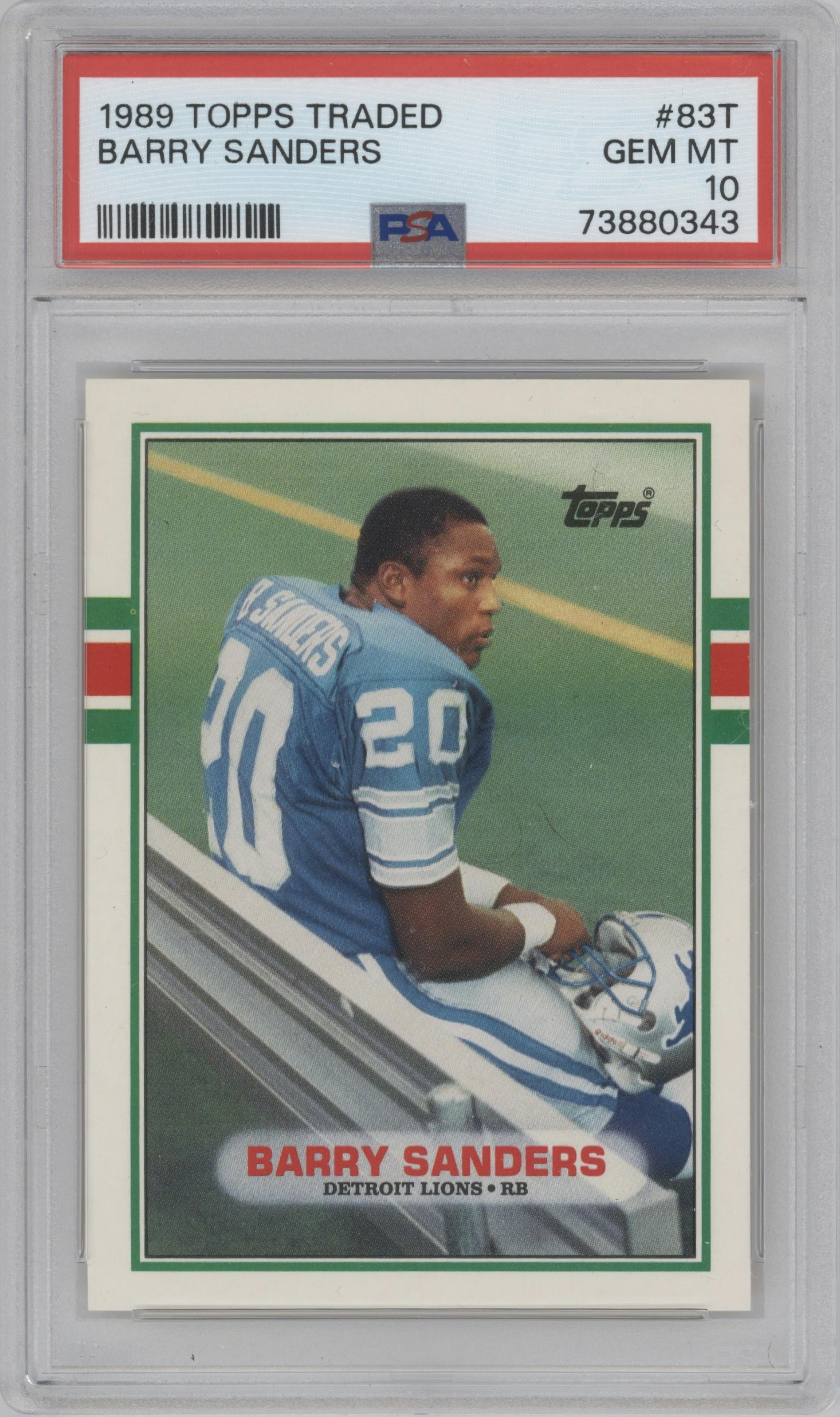 Barry Sanders from the 1989 Topps Traded set graded by PSA and given an overall grade of 10.