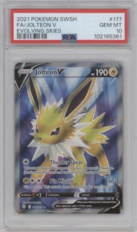Jolteon V from the 2021 Pokemon SWSH set graded by PSA and given an overall grade of 10.