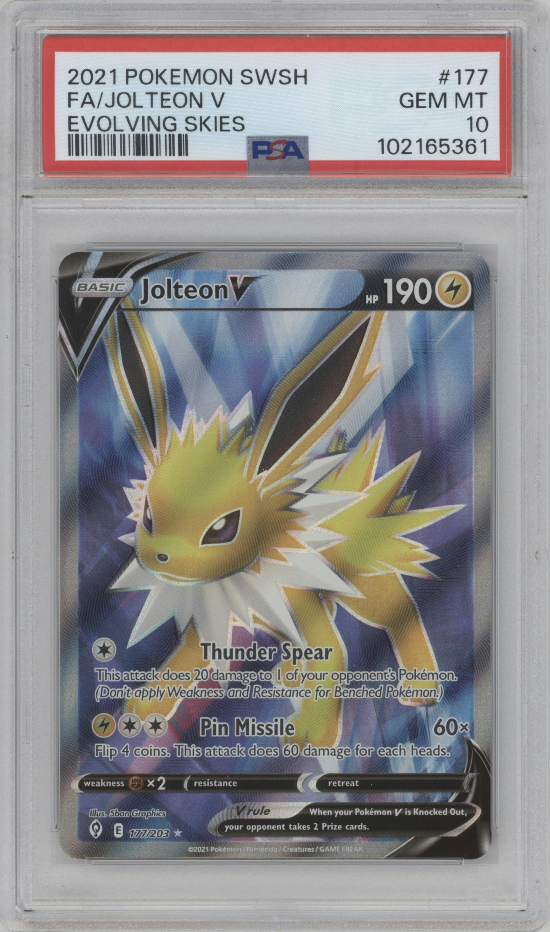 Jolteon V from the 2021 Pokemon SWSH set graded by PSA and given an overall grade of 10.