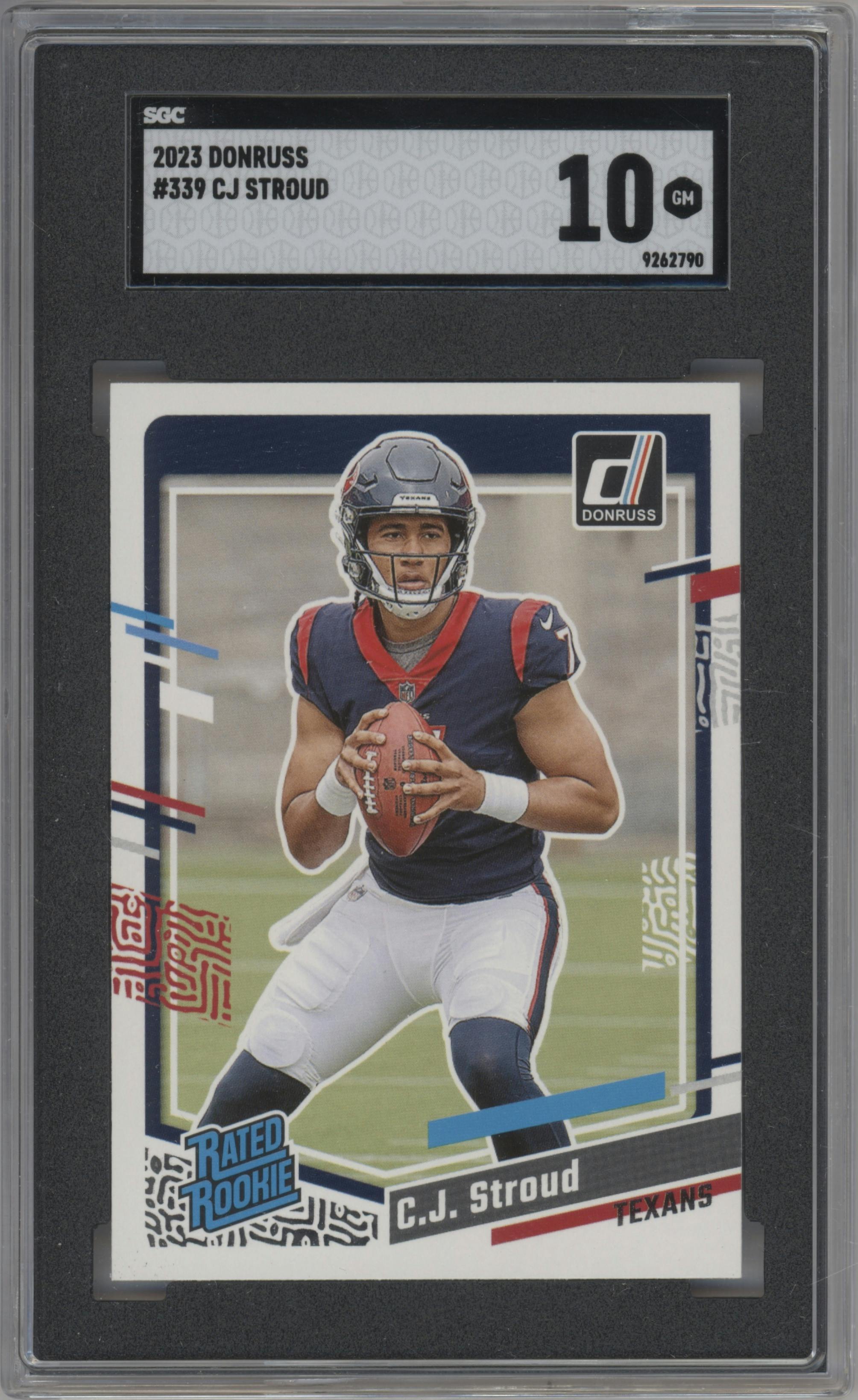 C.J. Stroud from the 2023 Panini Donruss set graded by SGC and given an overall grade of 10.