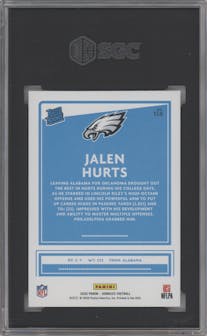 Jalen Hurts from the 2020 Panini Donruss set featuring a Canvas parallel graded by SGC and given an overall grade of 9.