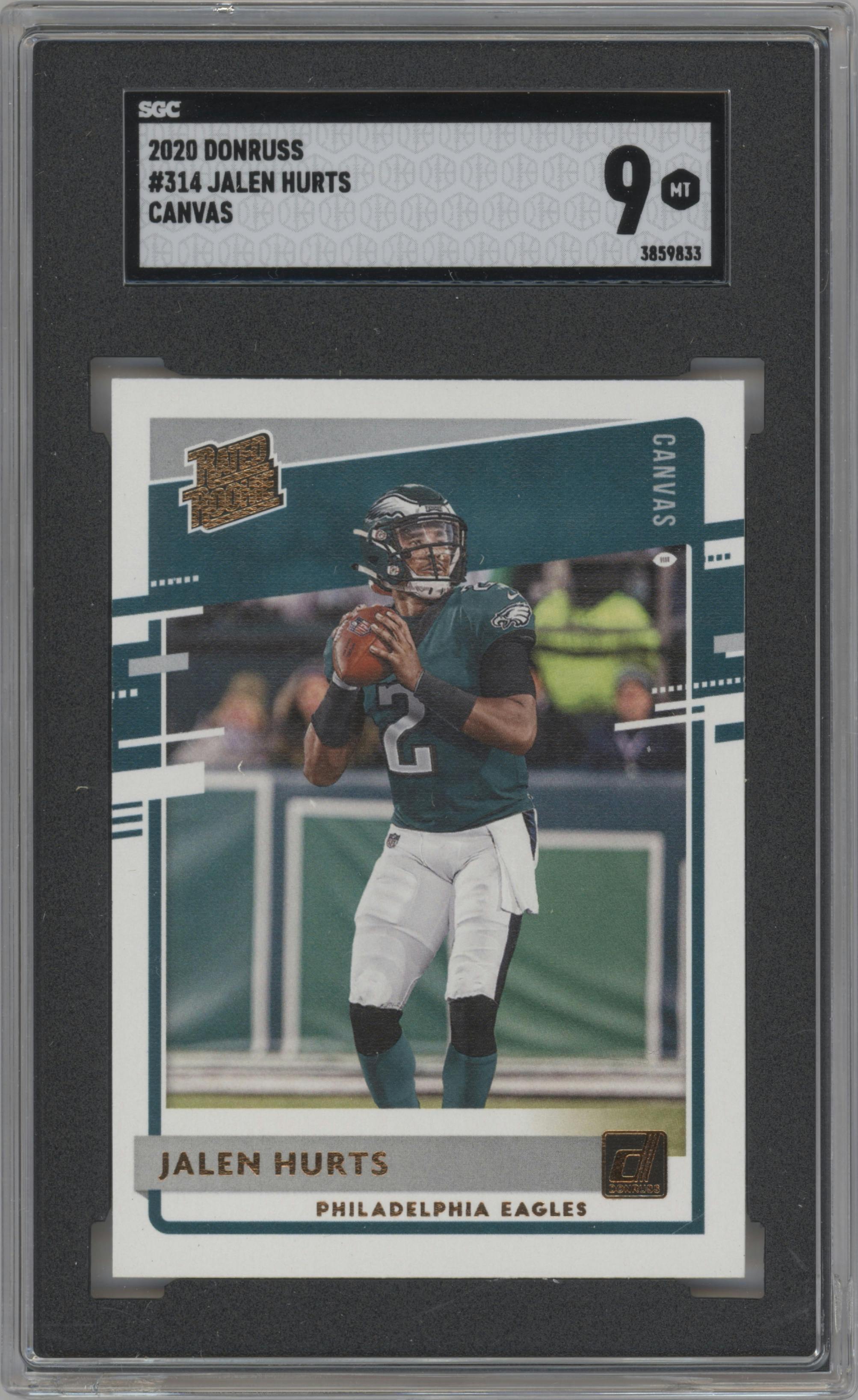 Jalen Hurts from the 2020 Panini Donruss set featuring a Canvas parallel graded by SGC and given an overall grade of 9.