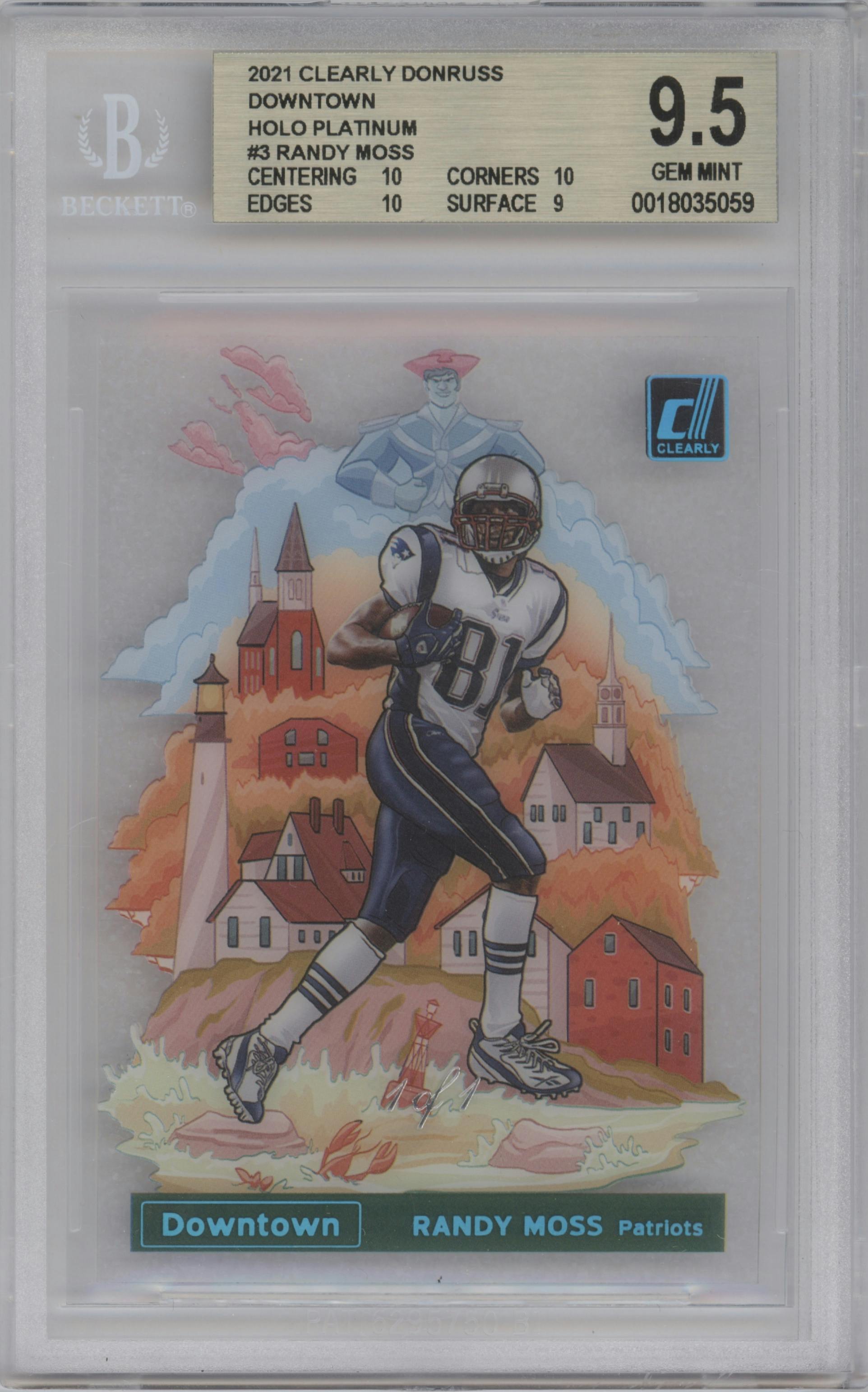 Randy Moss from the 2021 Panini Clearly Donruss set featuring a Holo Platinum parallel graded by Beckett and given an overall grade of 9.5.