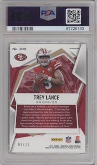 Trey Lance from the 2021 Panini Rookies & Stars set featuring a Gold Pulsar Prizm parallel graded by PSA and given an overall grade of 9.