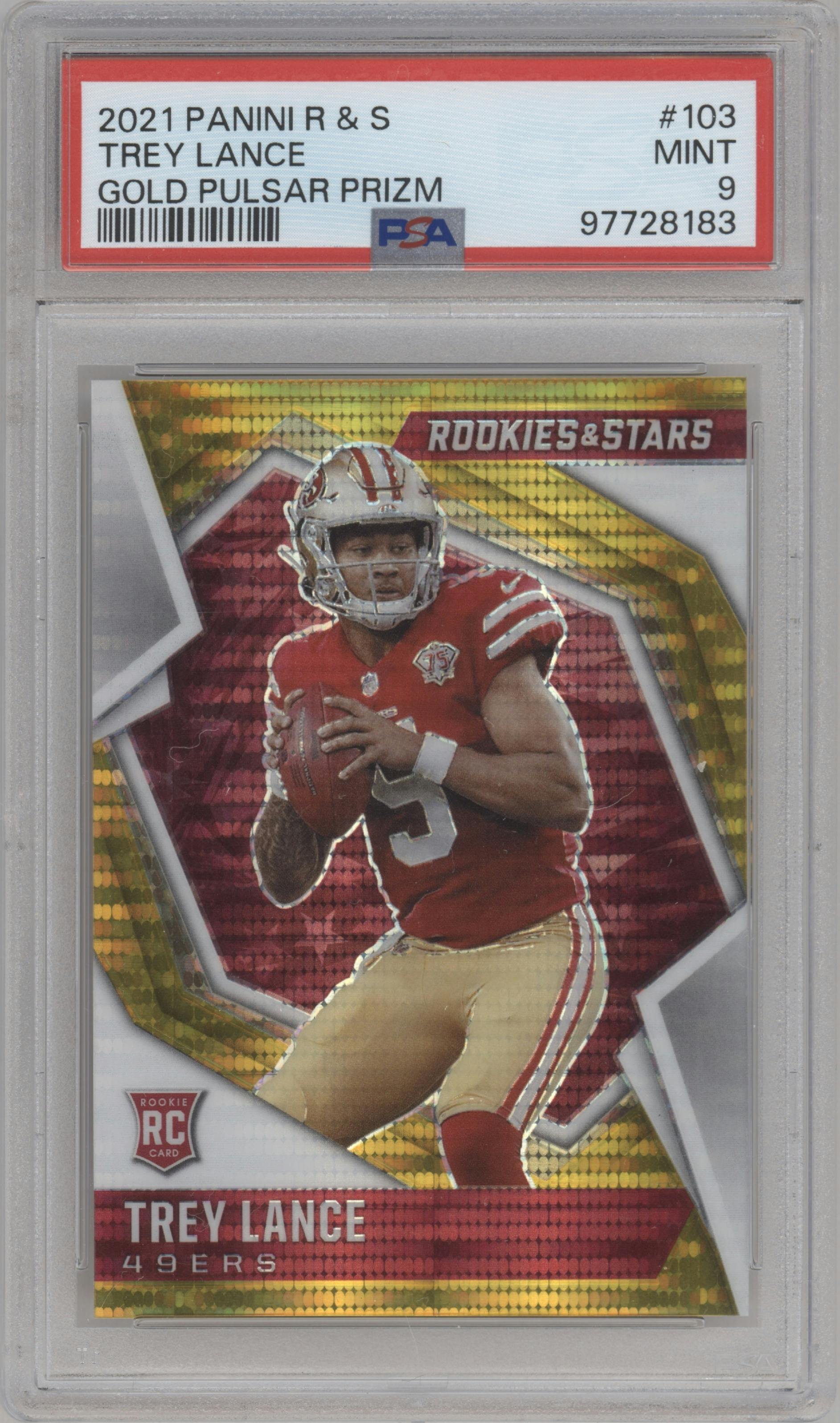 Trey Lance from the 2021 Panini Rookies & Stars set featuring a Gold Pulsar Prizm parallel graded by PSA and given an overall grade of 9.
