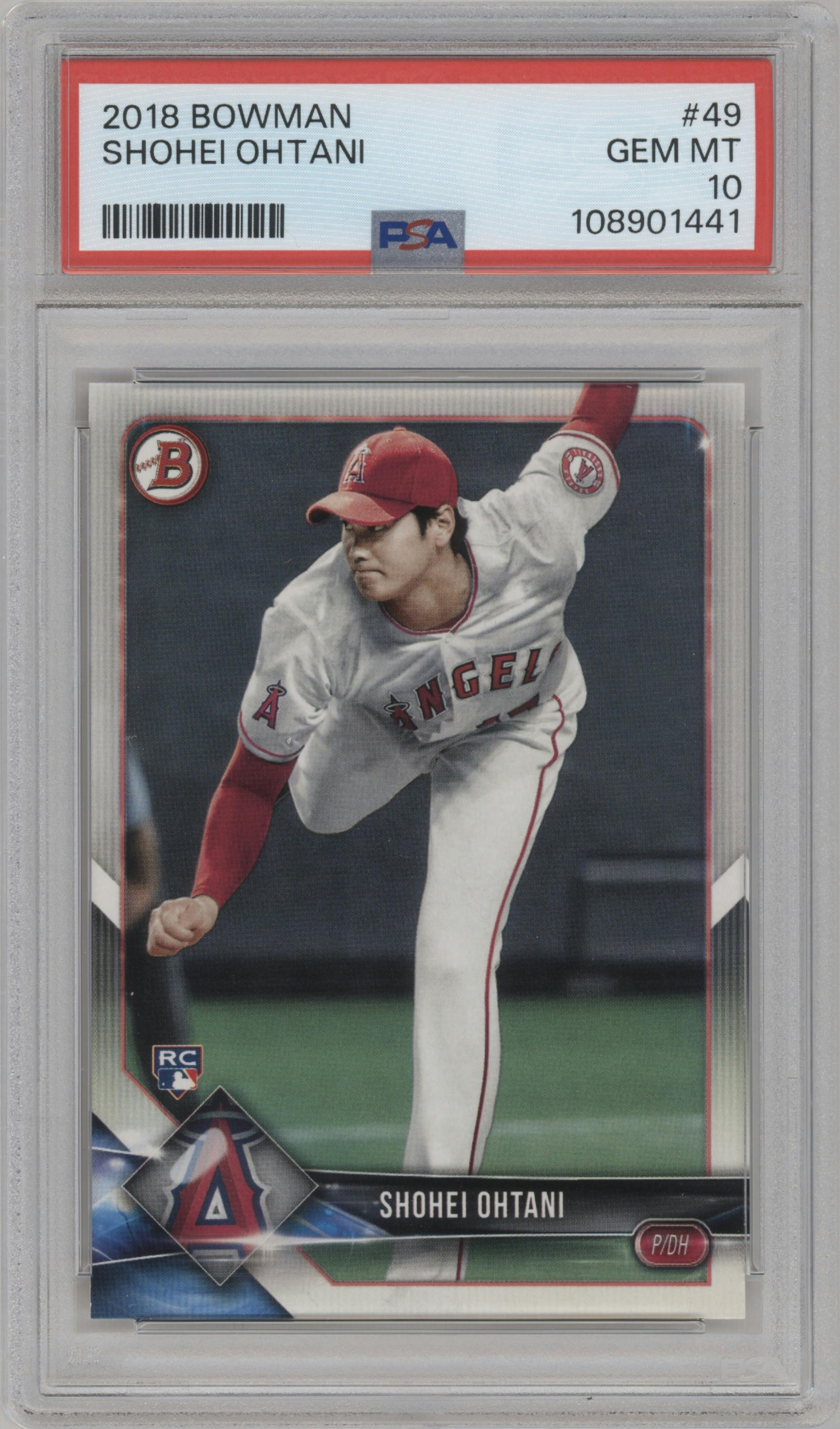 Shohei Ohtani from the 2018 Bowman set graded by PSA and given an overall grade of 10.