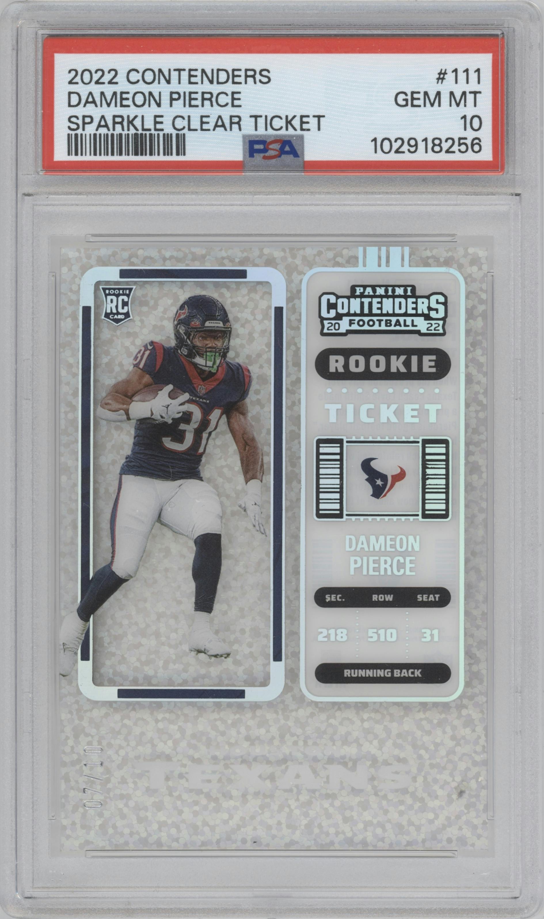 Dameon Pierce from the 2022 Panini Contenders set featuring a Sparkle Clear Ticket parallel graded by PSA and given an overall grade of 10.