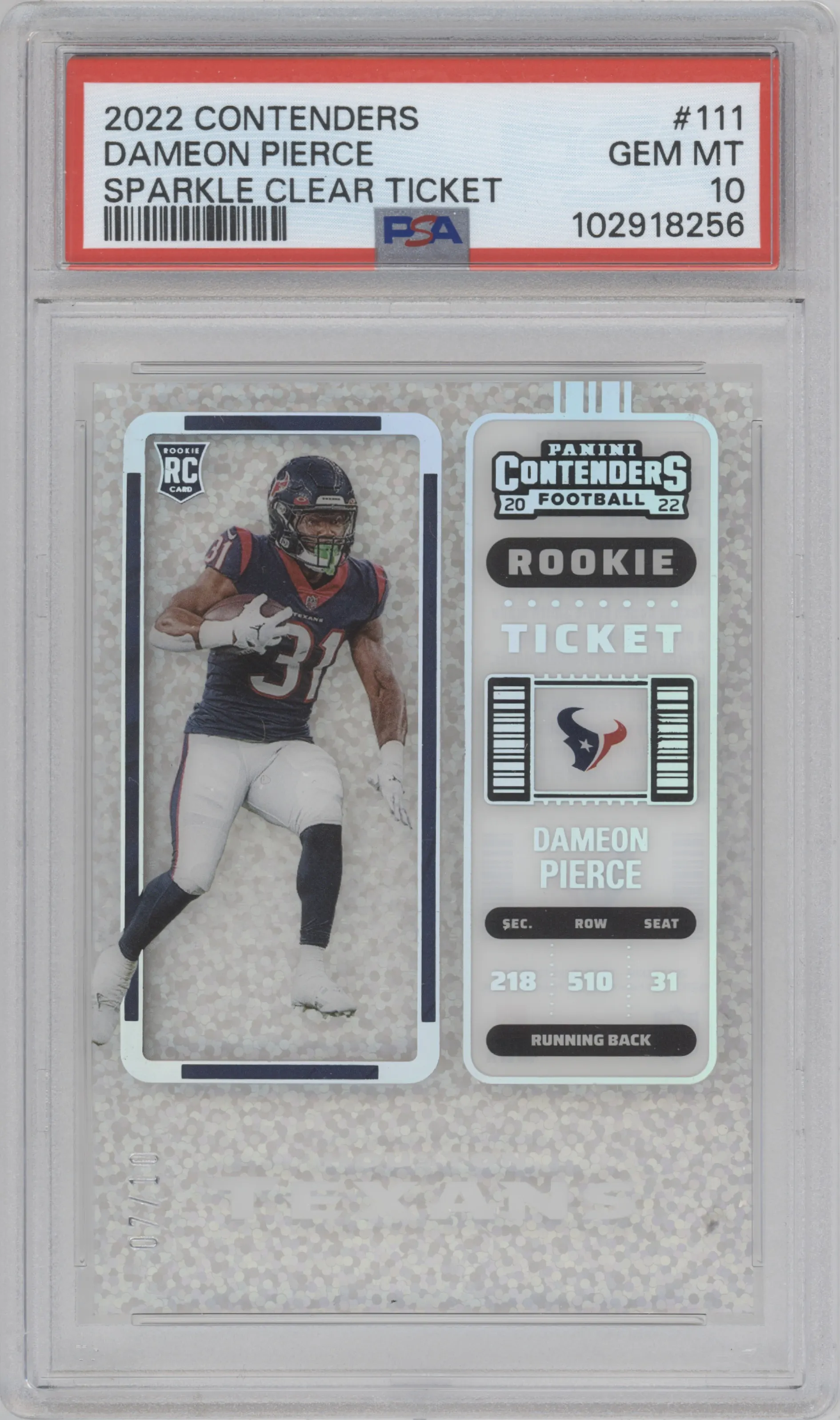 2022 Panini Contenders Rke.Tkt.RPS Dameon Pierce Sparkle Clear Ticket PSA 10
