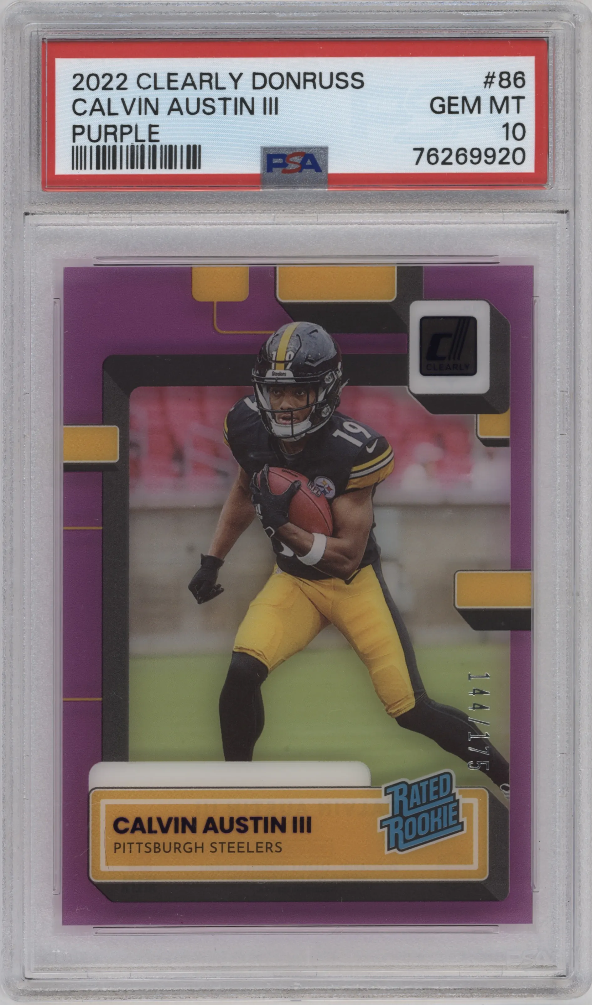 2022 Clearly Donruss Rated Rookie Calvin Austin III Purple PSA 10