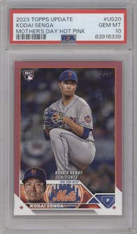 Kodai Senga from the 2023 Topps Update set featuring a Mother's Day Hot Pink parallel graded by PSA and given an overall grade of 10.