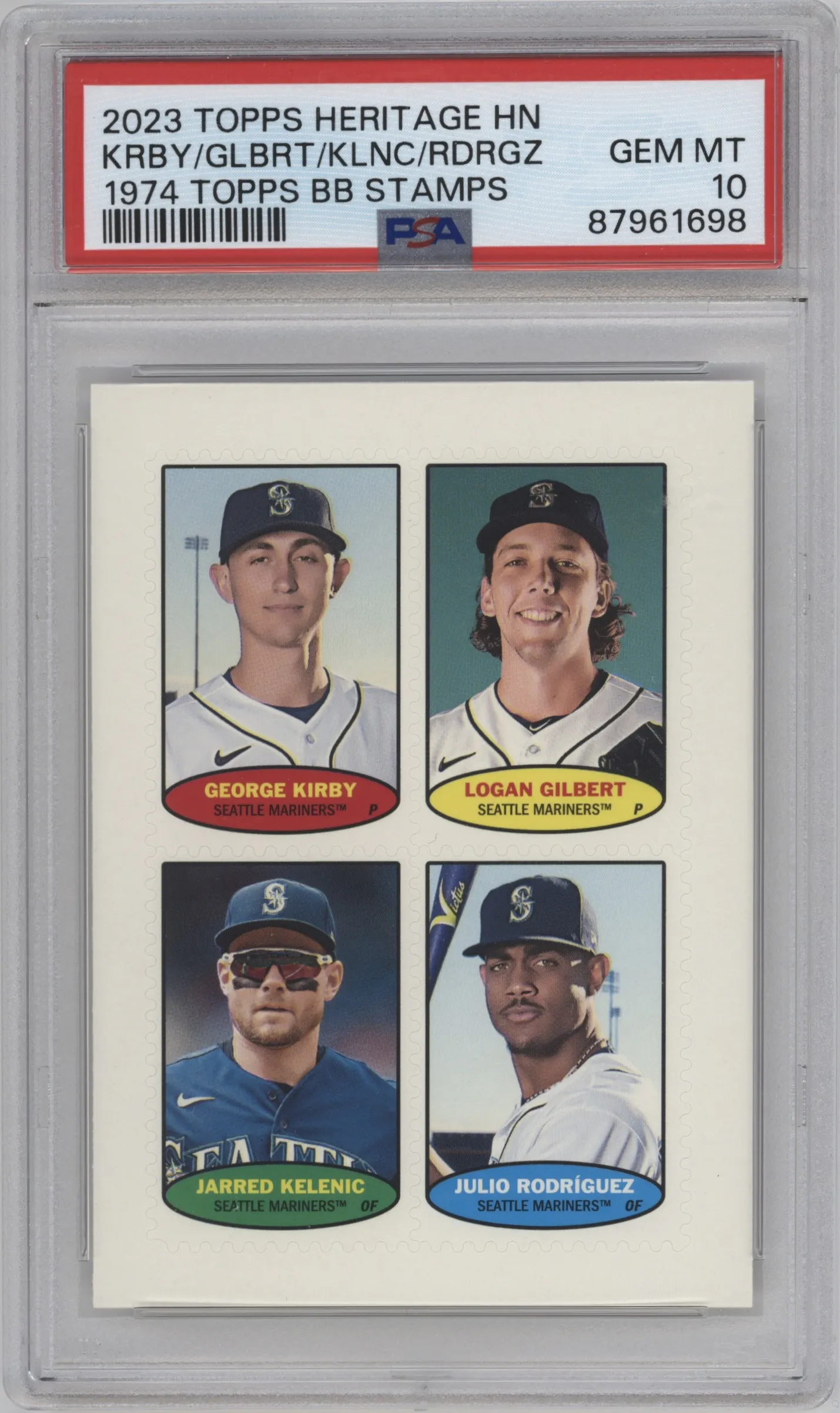 2023 Topps Heritage High Number 1974 Topps Stamps George Kirby / Logan Gilbert / Jarred Kelenic / Julio Rodriguez #74S-41/74S-42/74S-43/74S-44 PSA 10