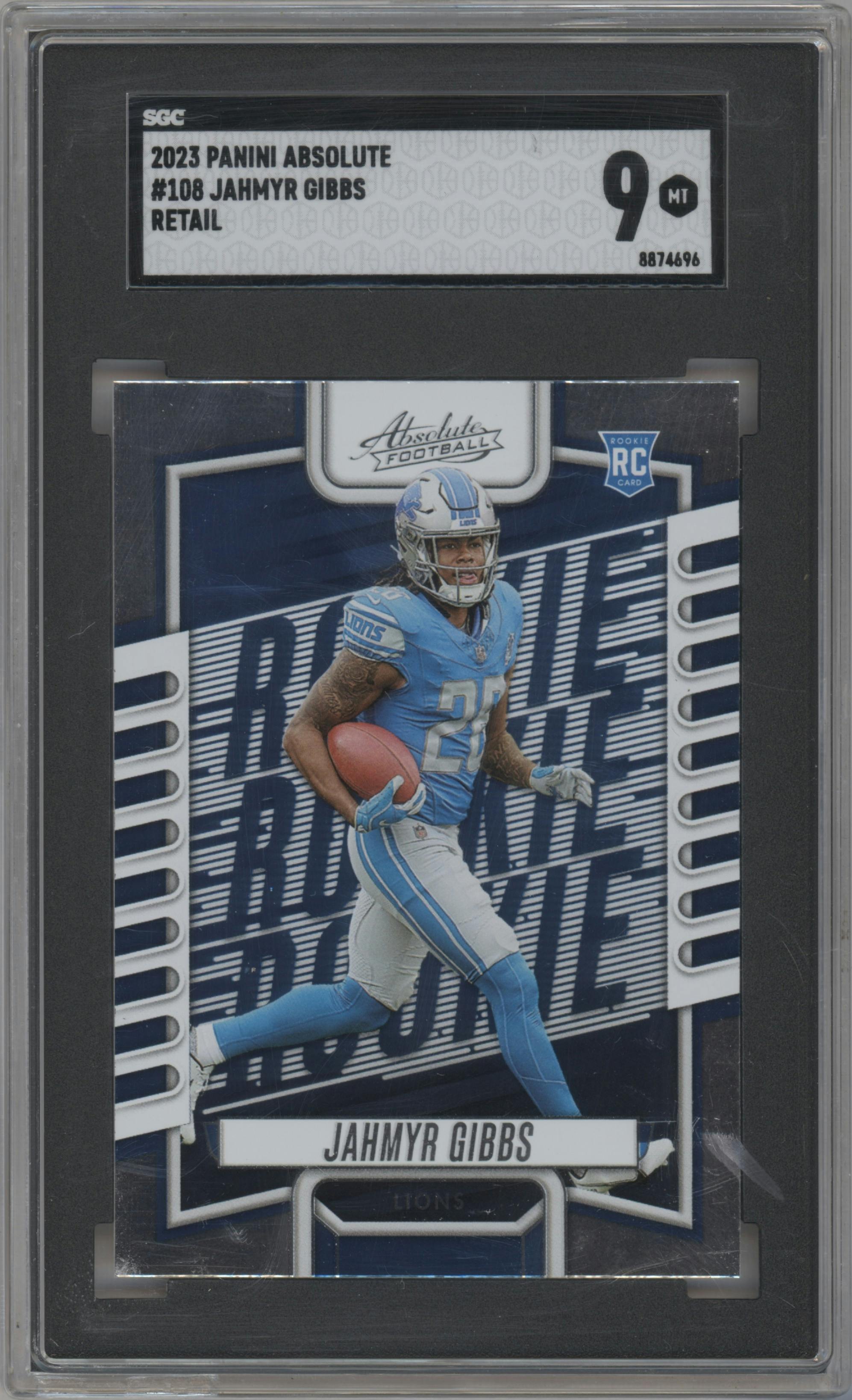 Jahmyr Gibbs from the 2023 Panini Absolute set featuring a Retail parallel graded by SGC and given an overall grade of 9.
