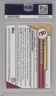 Caleb Williams from the 2023 Bowman Chrome University set featuring a X-Fractor parallel graded by PSA and given an overall grade of 9.