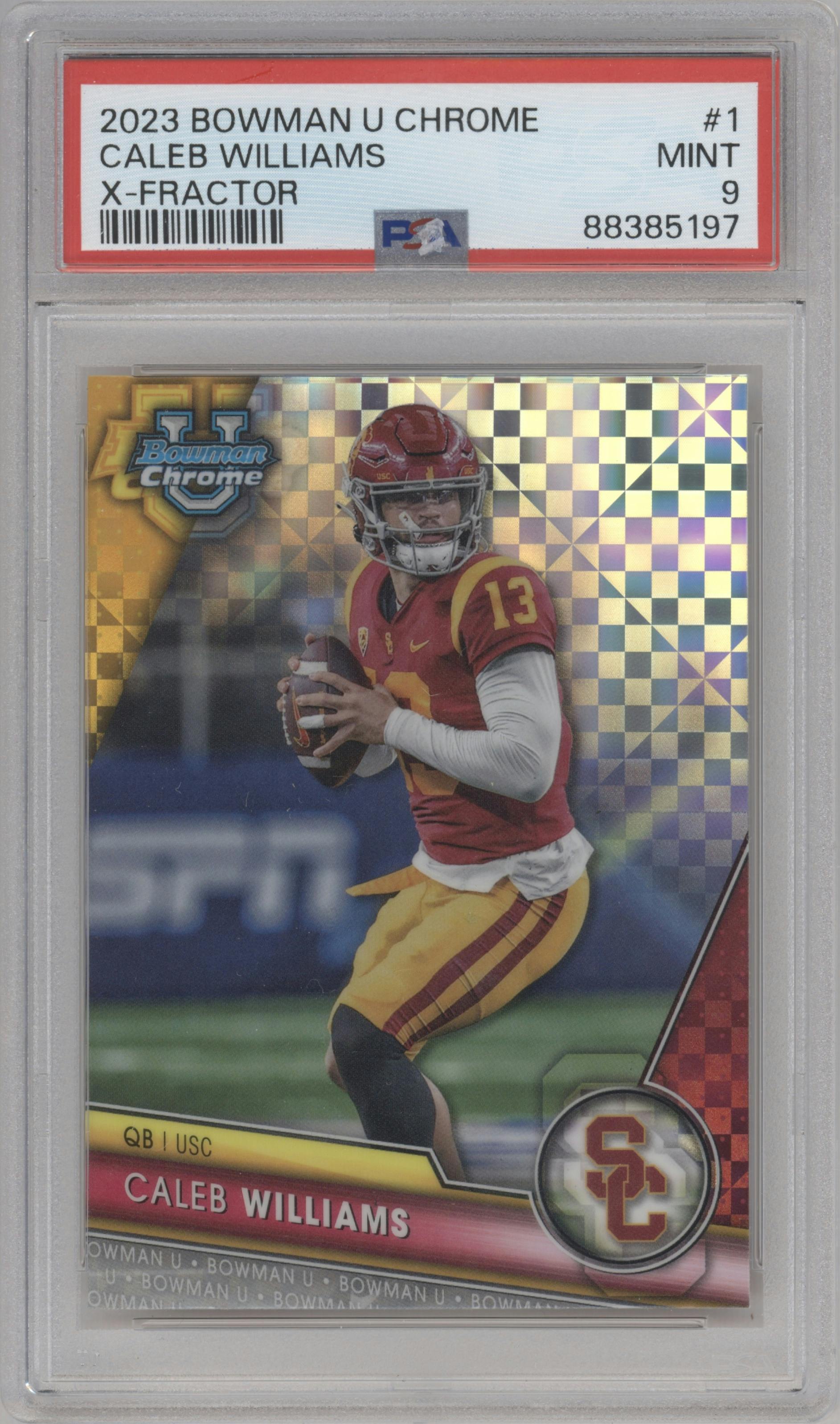 Caleb Williams from the 2023 Bowman Chrome University set featuring a X-Fractor parallel graded by PSA and given an overall grade of 9.