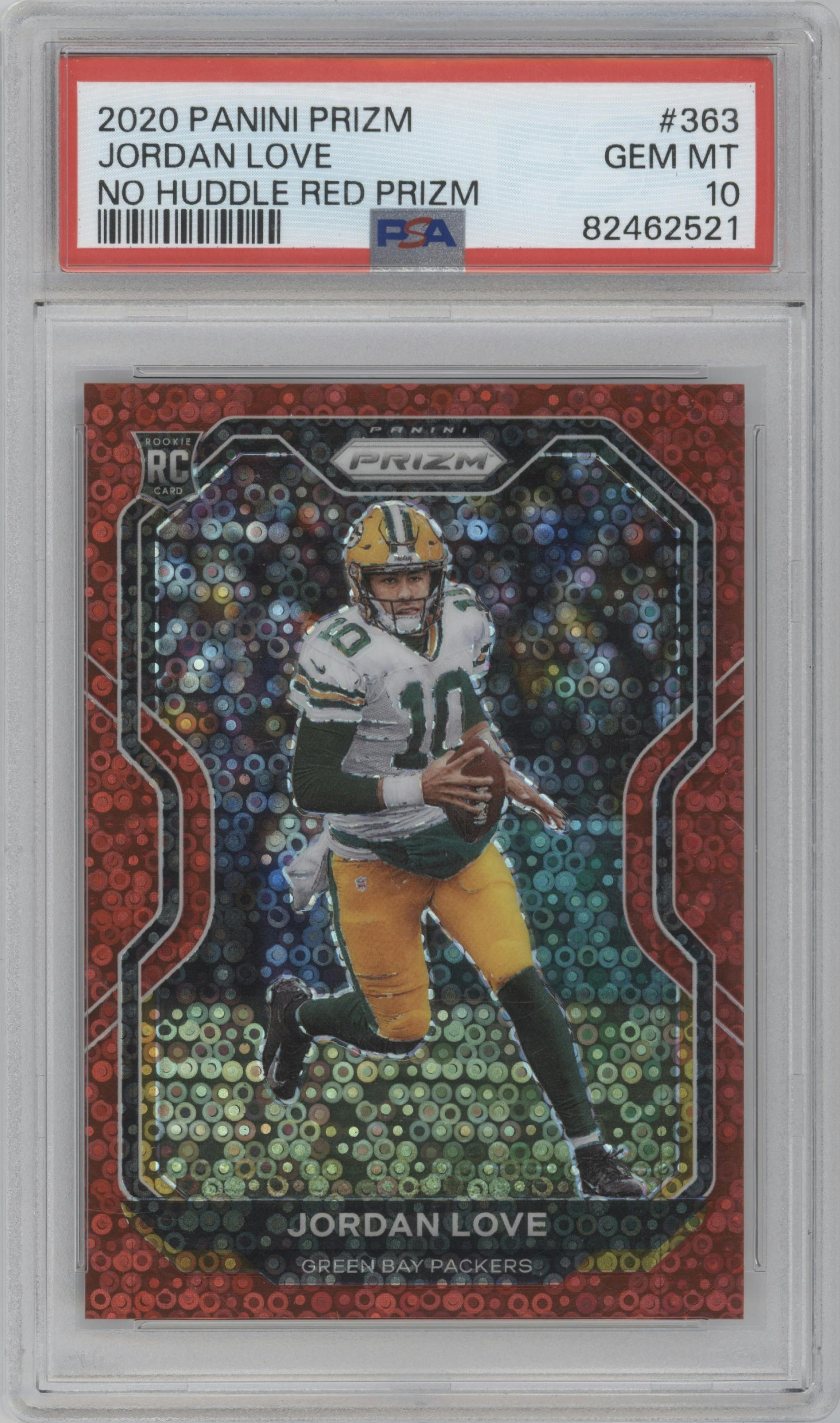 Jordan Love from the 2020 Panini Prizm set featuring a No Huddle Red parallel graded by PSA and given an overall grade of 10.