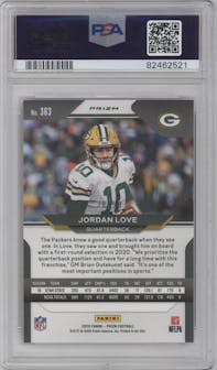 Jordan Love from the 2020 Panini Prizm set featuring a No Huddle Red parallel graded by PSA and given an overall grade of 10.