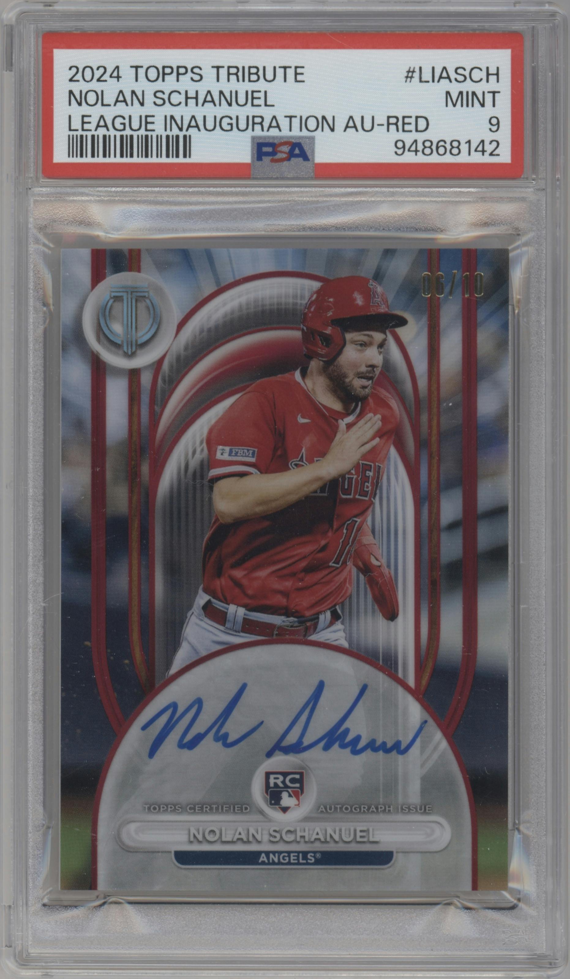 Nolan Schanuel from the 2024 Topps Tribute set featuring a Red parallel graded by PSA and given an overall grade of 9.