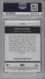 Nolan Schanuel from the 2024 Topps Tribute set featuring a Red parallel graded by PSA and given an overall grade of 9.