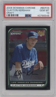 Clayton Kershaw from the 2008 Bowman Draft Picks & Prospects set graded by PSA and given an overall grade of 10.