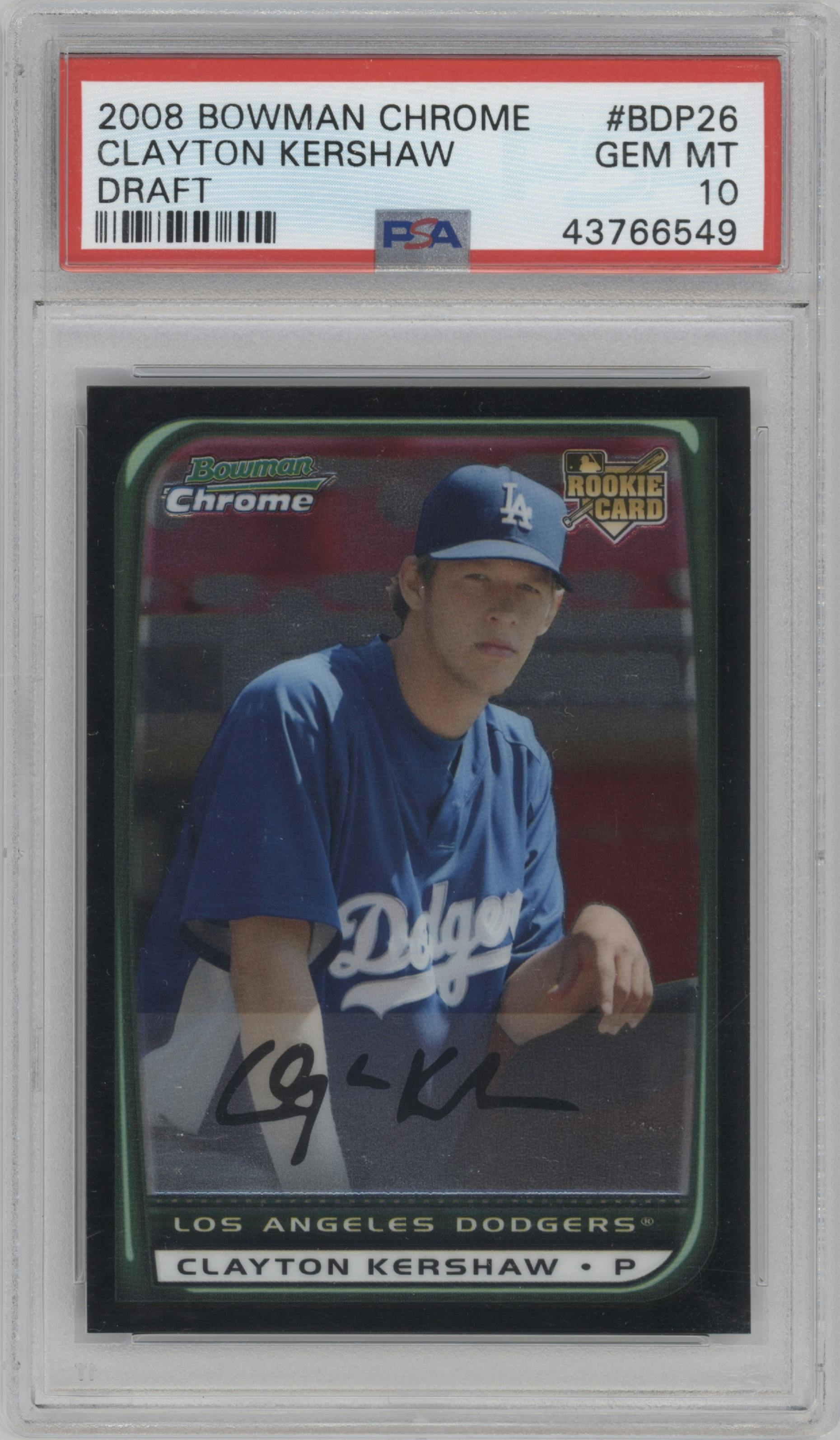 Clayton Kershaw from the 2008 Bowman Draft Picks & Prospects set graded by PSA and given an overall grade of 10.