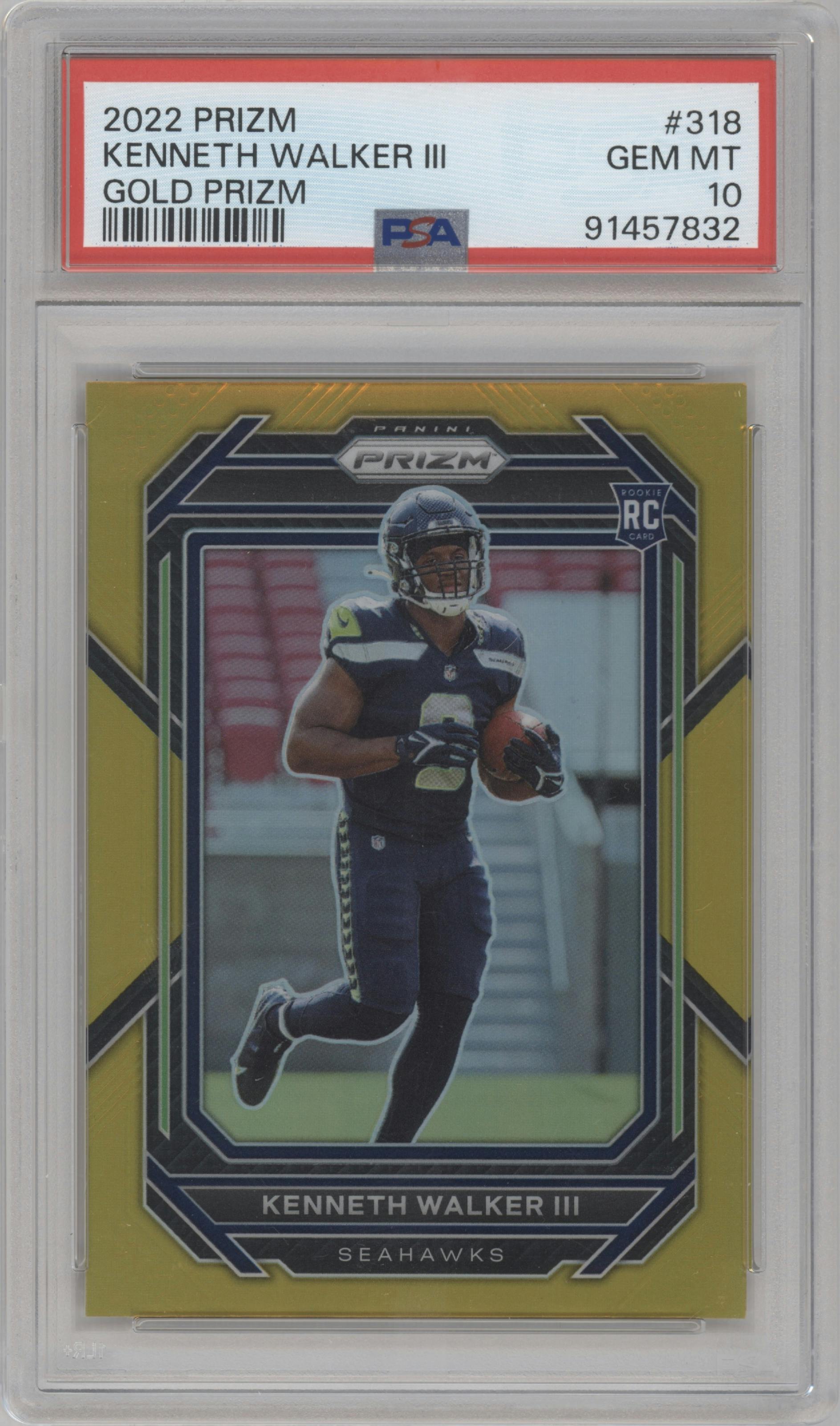 Kenneth Walker III from the 2022 Panini Prizm set featuring a Gold Prizm parallel graded by PSA and given an overall grade of 10.
