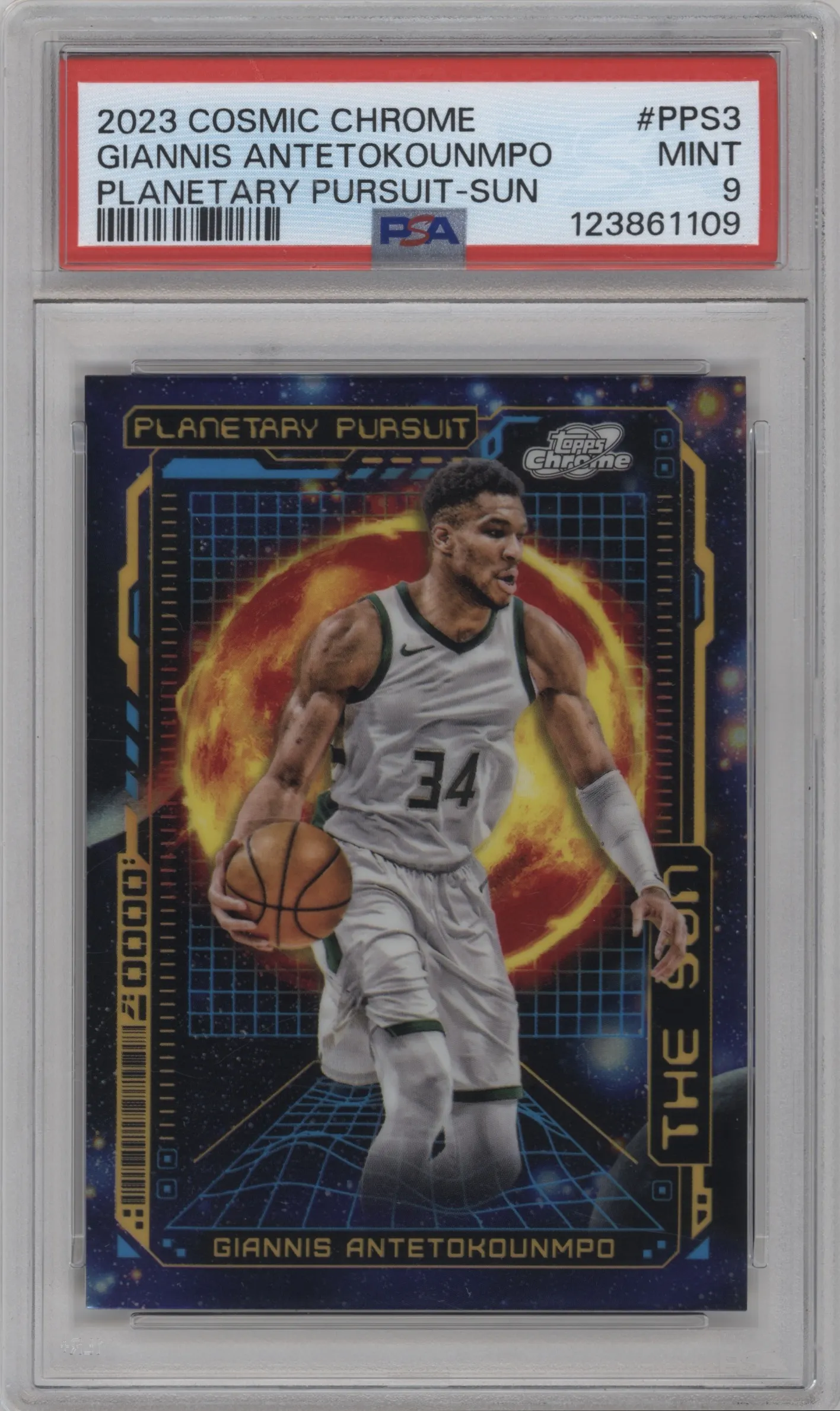 2023 Topps Chrome Cosmic Planetary Pursuit Sun Giannis Antetokounmpo PSA 9