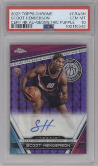 Scoot Henderson from the 2023-24 Topps Chrome set featuring a Purple Geometric Refractor parallel graded by PSA and given an overall grade of 10.