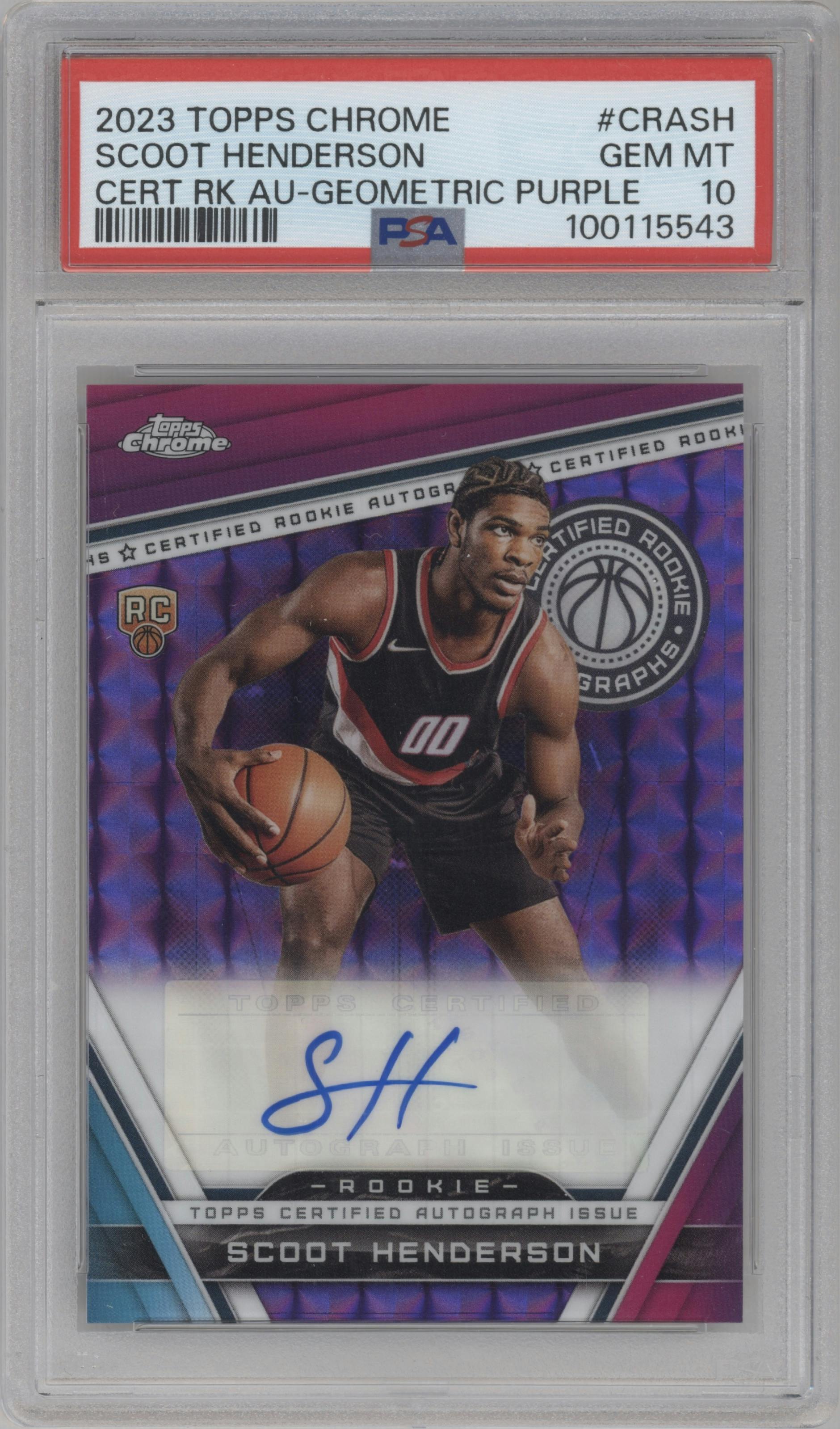 Scoot Henderson from the 2023-24 Topps Chrome set featuring a Purple Geometric Refractor parallel graded by PSA and given an overall grade of 10.