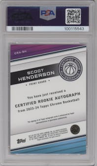 Scoot Henderson from the 2023-24 Topps Chrome set featuring a Purple Geometric Refractor parallel graded by PSA and given an overall grade of 10.