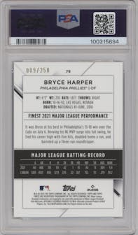 Bryce Harper from the 2022 Topps Finest set featuring a Blue/Aqua Vapor Refractor parallel graded by PSA and given an overall grade of 10.