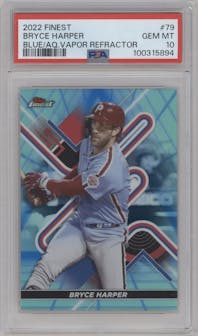 Bryce Harper from the 2022 Topps Finest set featuring a Blue/Aqua Vapor Refractor parallel graded by PSA and given an overall grade of 10.