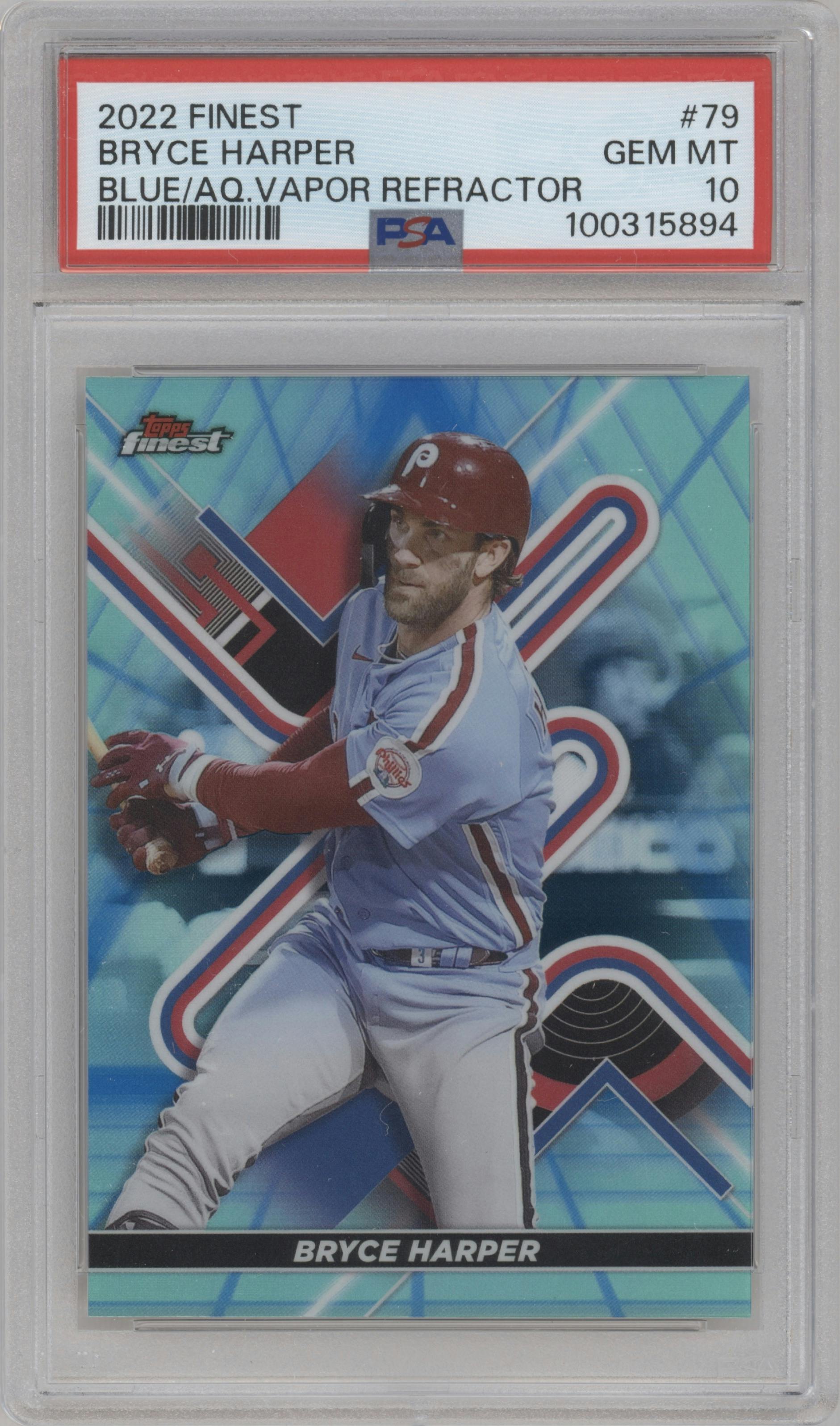 Bryce Harper from the 2022 Topps Finest set featuring a Blue/Aqua Vapor Refractor parallel graded by PSA and given an overall grade of 10.