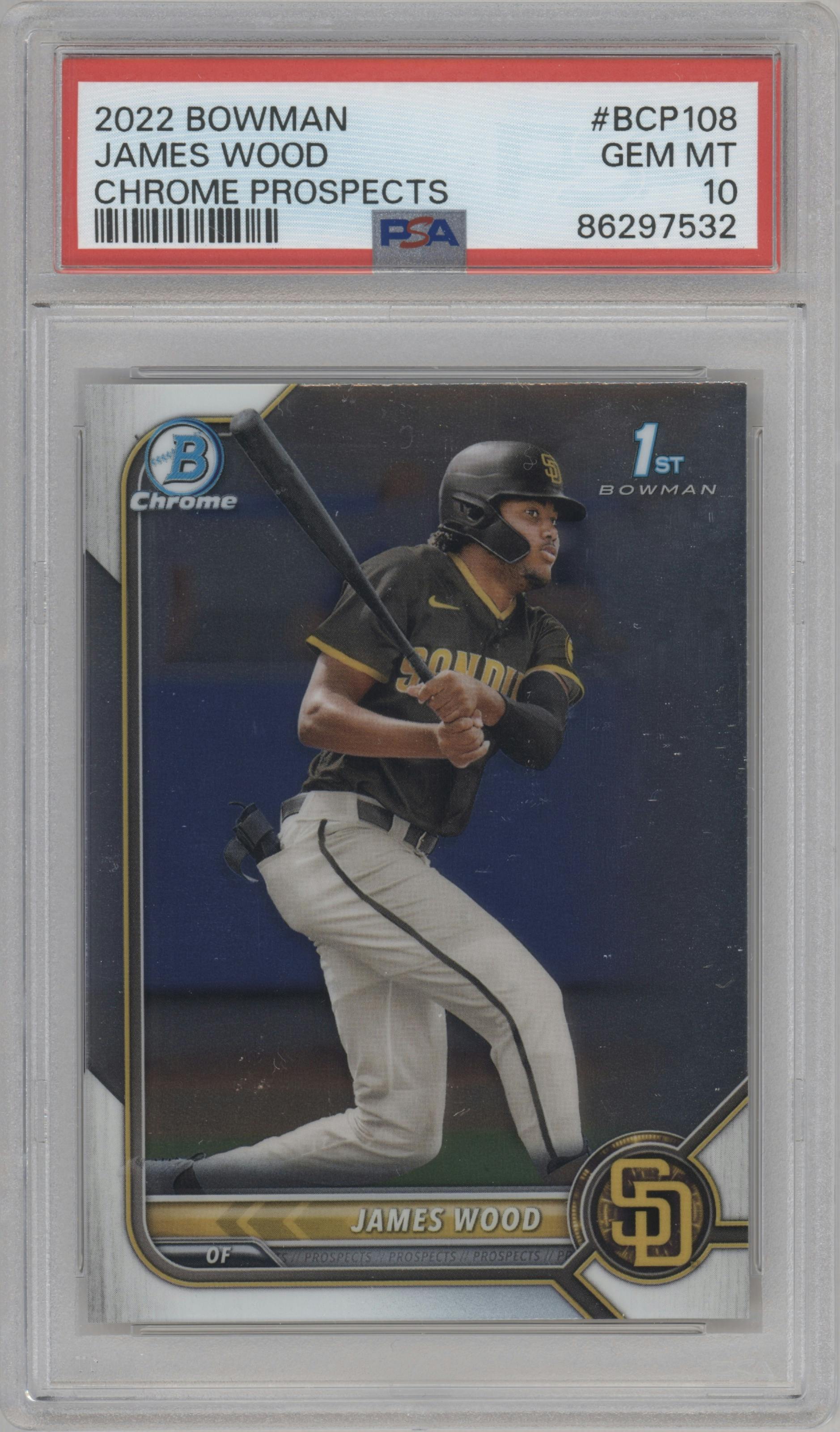 James Wood from the 2022 Bowman set graded by PSA and given an overall grade of 10.