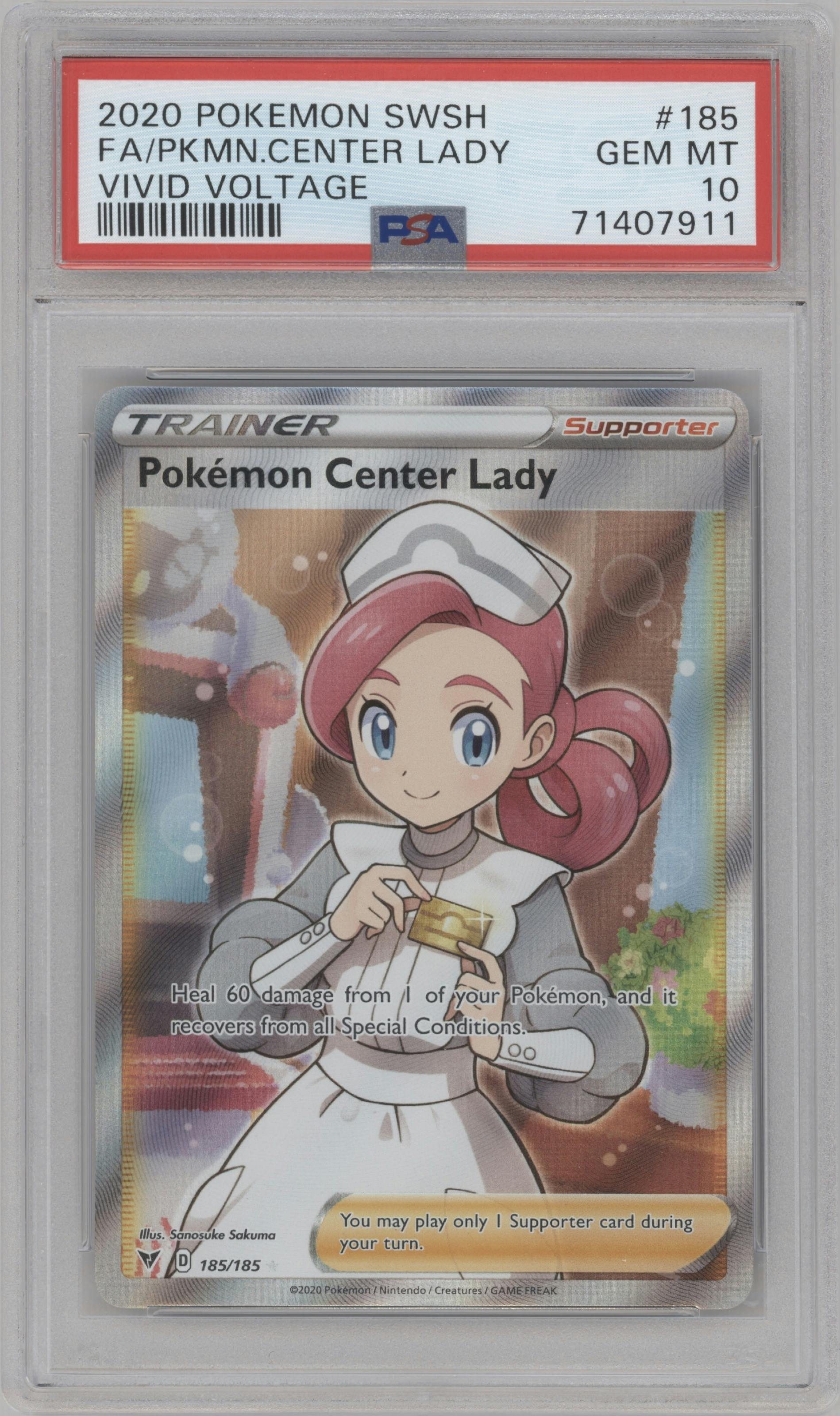 Pokémon Center Lady from the 2020 Pokemon SWSH set graded by PSA and given an overall grade of 10.