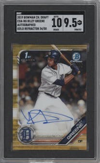 Riley Greene from the 2019 Bowman Draft set featuring a Gold Wave Refractor parallel graded by SGC and given an overall grade of 9.5.