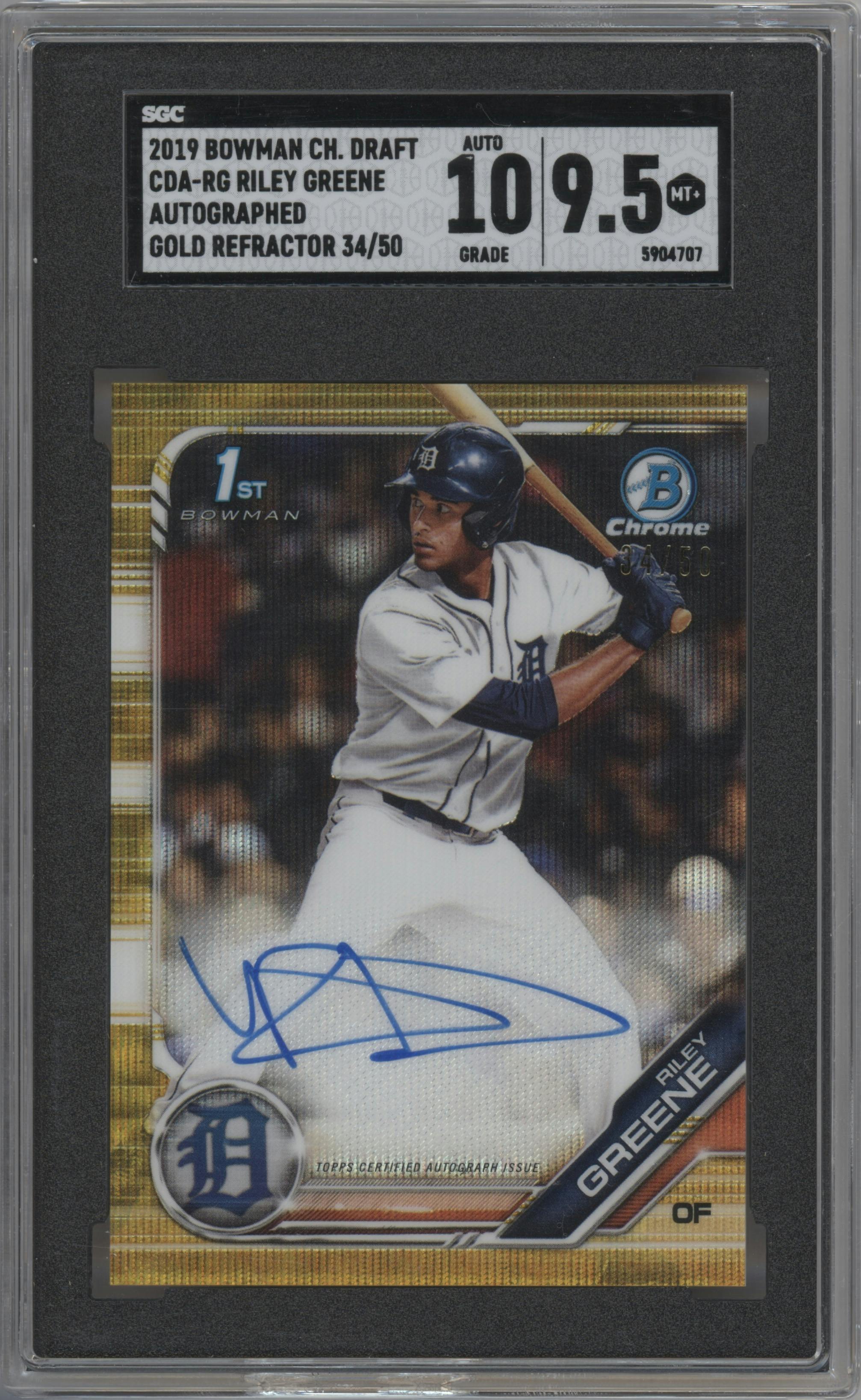 Riley Greene from the 2019 Bowman Draft set featuring a Gold Wave Refractor parallel graded by SGC and given an overall grade of 9.5.