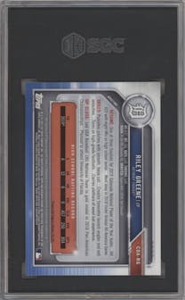 Riley Greene from the 2019 Bowman Draft set featuring a Gold Wave Refractor parallel graded by SGC and given an overall grade of 9.5.