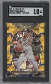 Tyrese Haliburton from the 2022-23 Panini Select set featuring a Gold Cracked Ice parallel graded by SGC and given an overall grade of 10.