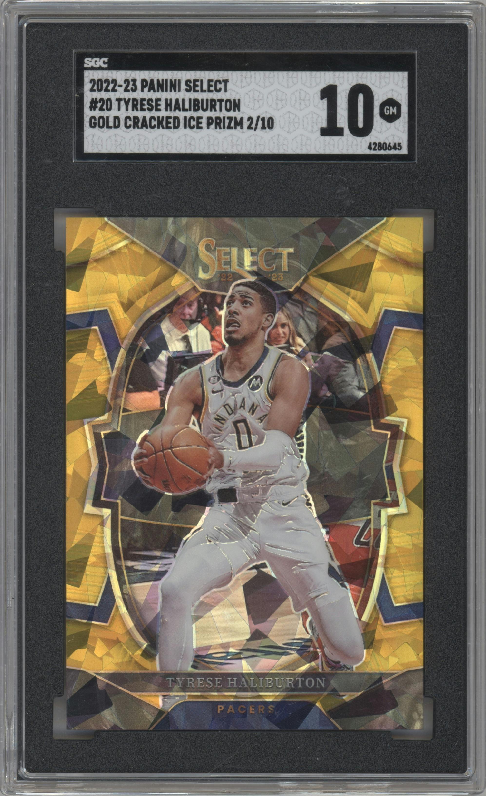 Tyrese Haliburton from the 2022-23 Panini Select set featuring a Gold Cracked Ice parallel graded by SGC and given an overall grade of 10.